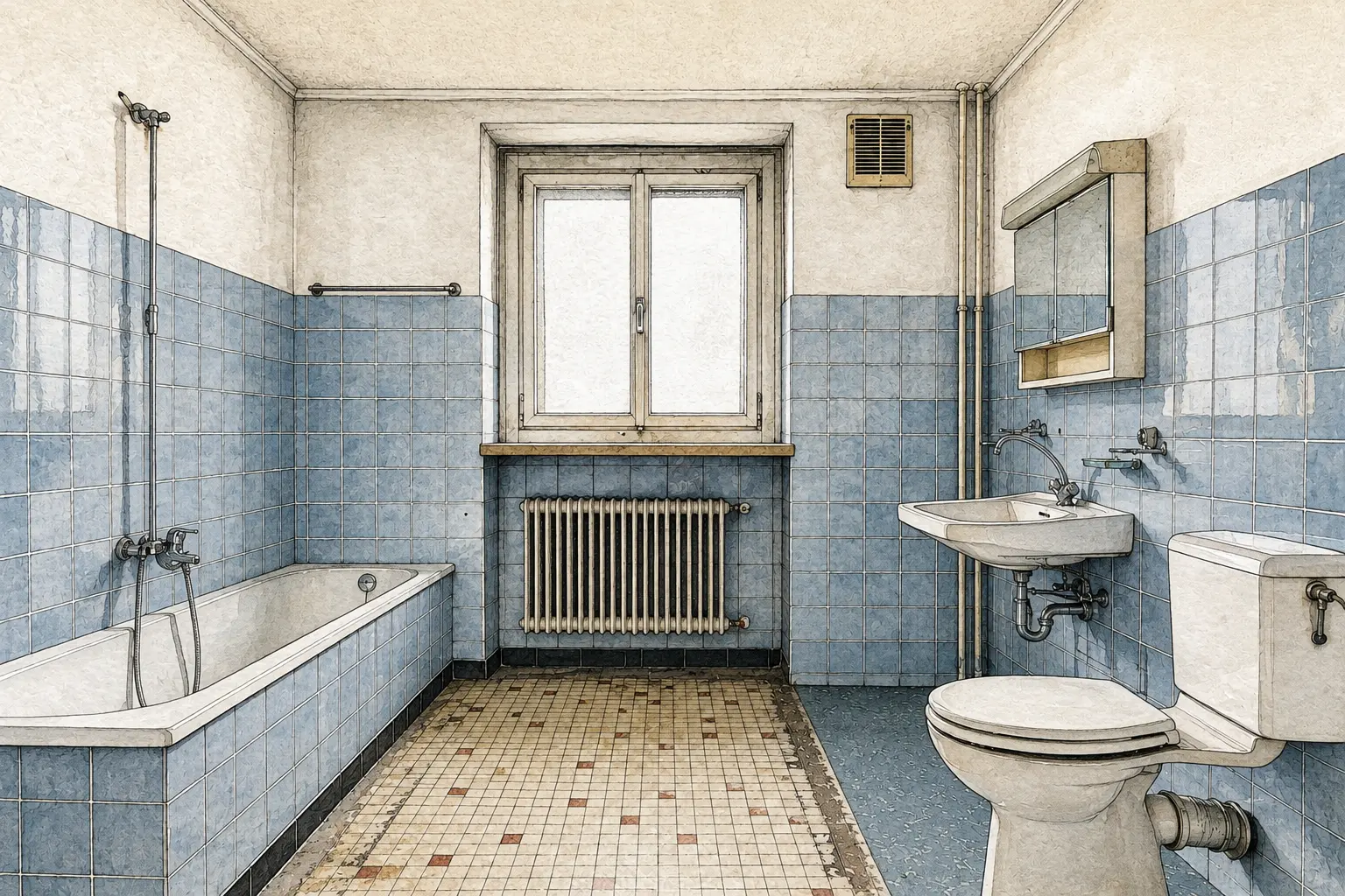 Illustration eines älteren Gebäudebereichs: Badezimmer